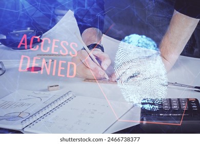 Concept of the future of security and password control through advanced technology. Fingerprint scan provides safe access with biometrics identification. Multi exposure.