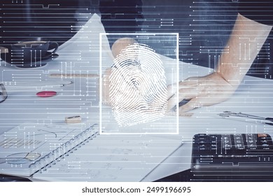 Concept of the future of security and password control through advanced technology. Fingerprint scan provides safe access with biometrics identification. Multi exposure.