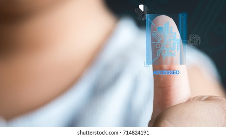 Concept of the future of security through fingerprints , asian kid girl scan fingerprints to access security and identified herself for safety , biometric identity with word 