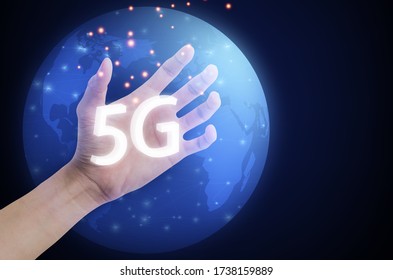 concept of future technology communication network 5G on the background of the globe. 5G standard of modern signal transmission technology.Wireless systems Business concept