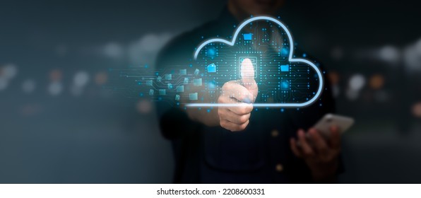 Concept of a futuristic corporate network. Background in high-tech cloud connectivity technologies. The notion of cloud computing. - Shutterstock ID 2208600331