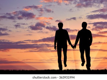 Concept Of Gay People. Silhouette Happy Gay Men Walking Holding Hands At Sunset