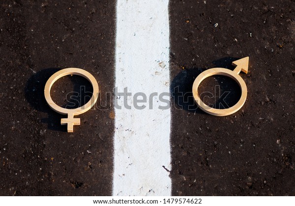 The concept of gender equality. Symbols of men\
and women of plywood on the pavement. The word equality is carved\
and plywood on asphalt.