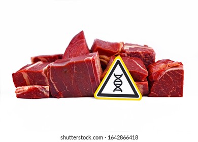 Concept For Genetically Modified Meat For Human Consumption, Showing Chunks Of Red Meat With Yellow DNA Gene Warning Sign