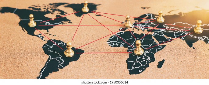 Geopolitik oder Weltwirtschaft. Schachfiguren auf Kartenbanner