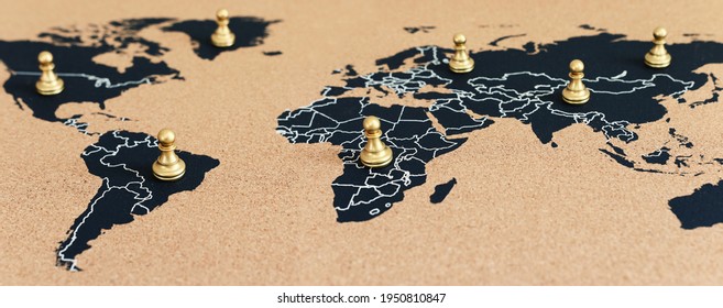 Concept Of Geopolitics Or Worldwide Economy. Chess Figures Placed On Map Banner