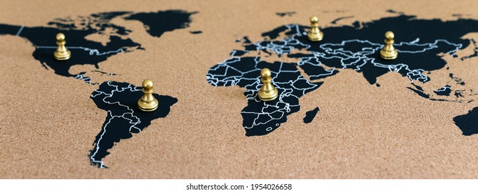 Concept Of Geopolitics Or Worldwide Economy. Chess Figures Placed On Map Banner