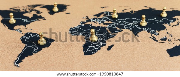 concept of geopolitics or worldwide economy. chess\
figures placed on map\
banner