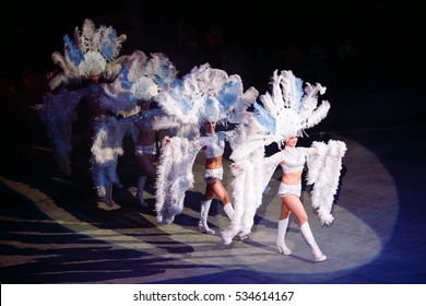 Concept. Girls In Costume At The Carnival In Rio. Actors Perform In The Circus.