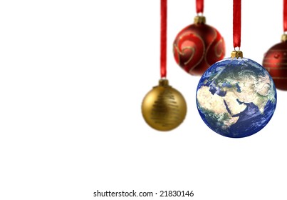 Concept of global Christmas. The World with Christmas balls