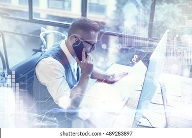 Concept Global Connection Virtual Icon Diagram Graph Interface Marketing Reserch.Bearded Businessman Making Great Business Decisions.Young Man Working Startup Desktop.Using Smartphone Call Partner