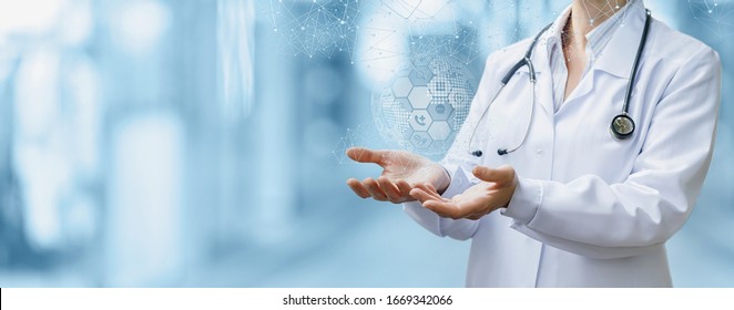 The concept of global health care. Doctor shows a global network on a blurred background. - Powered by Shutterstock