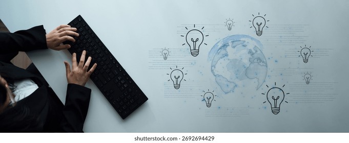 Concept of global innovation and shared knowledge. A network of creative ideas and brainstorming from around the world leads to new business solutions and bright insights. Parse
