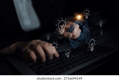 Concept of global innovation and shared knowledge. A network of creative ideas and brainstorming from around the world leads to new business solutions and bright insights. Parse
