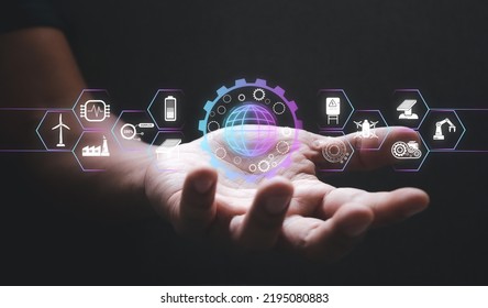 Concept of global technology, big data.technology drives the world. Hand holding Icon global network interface.Energy saving concept.