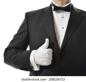 Concept for a good five star service with a thumbs up from the waiter 