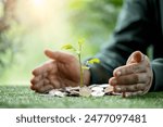 Concept of green finance flourishing businesses invest money and coins into sustainable ventures, nurturing growth of nature-friendly projects and ensuring prosperous future. green finance growth.