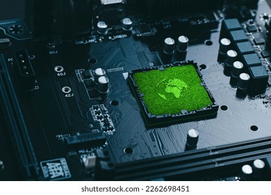 Concept of green technology. green world icon on circuit board technology innovations. Environment Green Technology Computer Chip.Green Computing and Technology,CSR, and IT ethics - Shutterstock ID 2262698451
