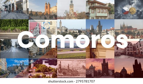Concept grid layout featuring historical European cities, landmarks, and street views with bold typography