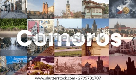 Concept grid layout featuring historical European cities, landmarks, and street views with bold typography