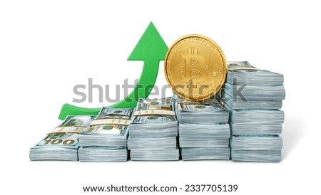 Concept of a growing bitcoin price, a golden bitcoin climbs up the dollar stairways with a green up arrow behind it, isolated on white background, 3d illustration