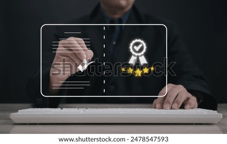 Concept of guarantee standards iso certification and standardization service quality and assurance : Businessman Is using finger touching for certify with five star after he has verified it.	