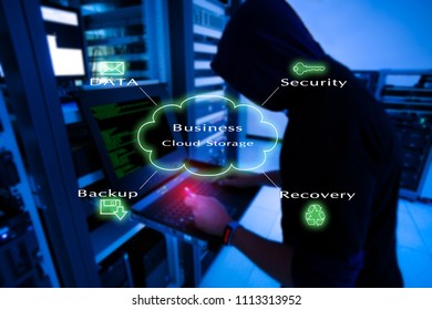 Concept is Hacker is hacking Data in  Cloud Storage Server in a technology data center room. Security in data protection of cloud technology. - Powered by Shutterstock