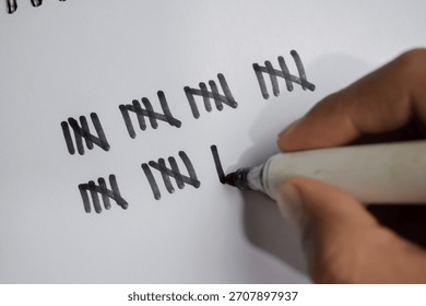 Concept of hand counting write on book isolated on Wooden Table.