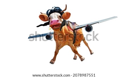 Concept of happy cow pilot character fly in the sky, with jet airplane wings isolated on white