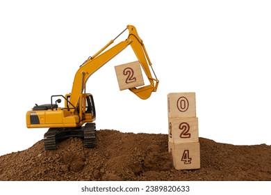 Concept Happy new year 2024,crawler excavator in construction site .on  isolated a white backgrounds