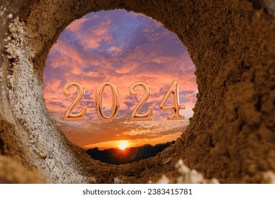 Concept happy new year 2024,through the tunnel .On sunrise backgrounds
