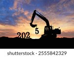 Concept happy new year 2025,crawler excavator silhouette with lift up bucket the number five .On sunrise backgrounds