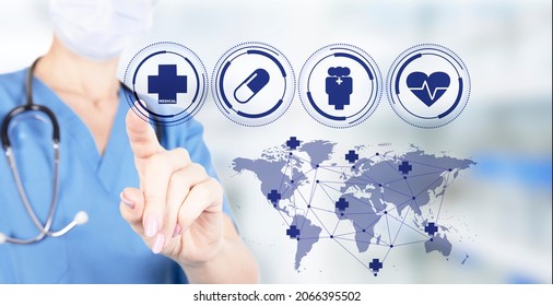 Concept For Health Insurance, Family Protection On A Virtual Screen And Doctor Touching A Button. MEDICAID Concept, MEDICARE. High Quality Photo