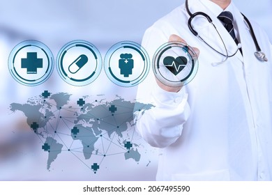 Concept For Health Insurance, Family Protection, On A Virtual Screen And Doctor Touching A Button. MEDICAID Concept, MEDICARE. High Quality Photo