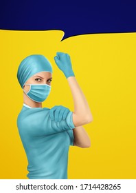 Concept of healthcare worker inspired by classic vintage american We Can Do It poster. Brave medical doctors in frontline of global pandemy of coronavirus
