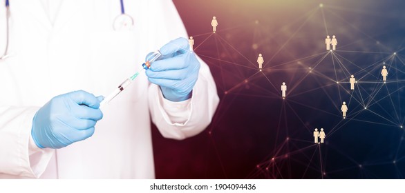 Concept Of Herd Immunity, Virus Spreading In Society. Banner Of Doctor With Syringe Is Preparing For Vaccine.