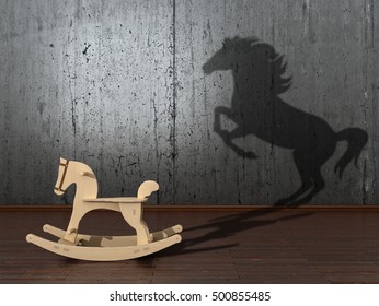 The concept of the hidden potencial.Toy horse in the room which casts a shadow on the wall. 3D illustration