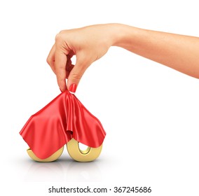 Concept of hide percent. Gold percents hide under the cloak that removes a woman's hand. Surprise sale. - Powered by Shutterstock