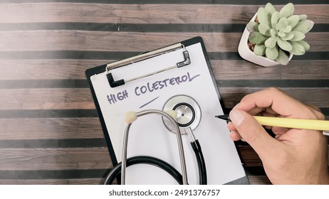 Concept of High Colesterol write on paperwork isolated on wooden background.