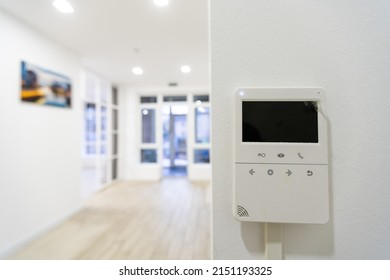 Concept Of Home Automation Smart Modern Luxury Wealthy Home. On White Wall Home Security Alarm And Video Intercom With Street View Talkback Or Doorphone Voice Communications System Close Up, No People