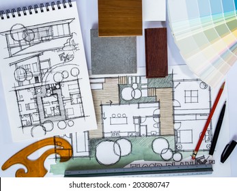 Concept Of  Home Renovation With Architecture /interior Drawing And Material Sample Background