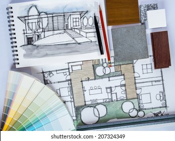 Concept Of  Home Renovation With Architecture /interior Drawing And Material Sample Background