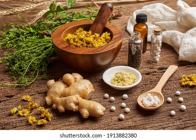 concept of homeopathic pills in wood spoon and bottles with the herb in a mortar with a pestle on wood background. homeopathy, aroma                                                                   