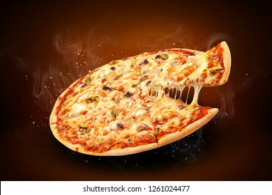 Concept horizontal promotional flyer and poster for Restaurant pizzeria menu with delicious taste seafood pizza and slice, mozzarella cheese and copy space for your promo text. - Shutterstock ID 1261024477