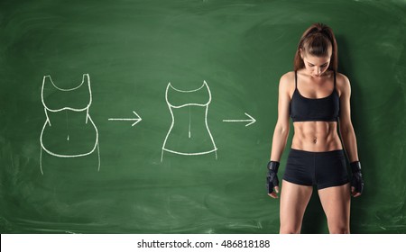 Concept of how a girl's body changing - from fat belly to perfect waist and abs on the background of a chalkboard. Self-improvement and sport. Athletic body. Workout and fitness. - Shutterstock ID 486818188