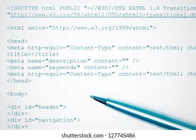 Concept html language web design print and pen. Blue toned