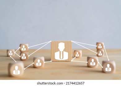 Concept Of Human Resources And Management, Building Teamwork, Strong Leader Connect To Coworker, People Icon On Wooden Cube, Cooperation And Organization