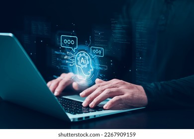 Concept Humans work with artificial intelligence, humans use intelligent AI technology enter command prompt for generates to solve problems, let AI help humans do their jobs.