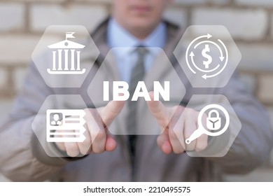 Concept of IBAN International Bank Account Number. Explanation of bank account number. International electronic money transaction system. Financial scheme with country code, check, client identifier.