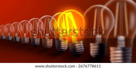 Concept of idea. One glowing light bulb among others on red background. Banner design
